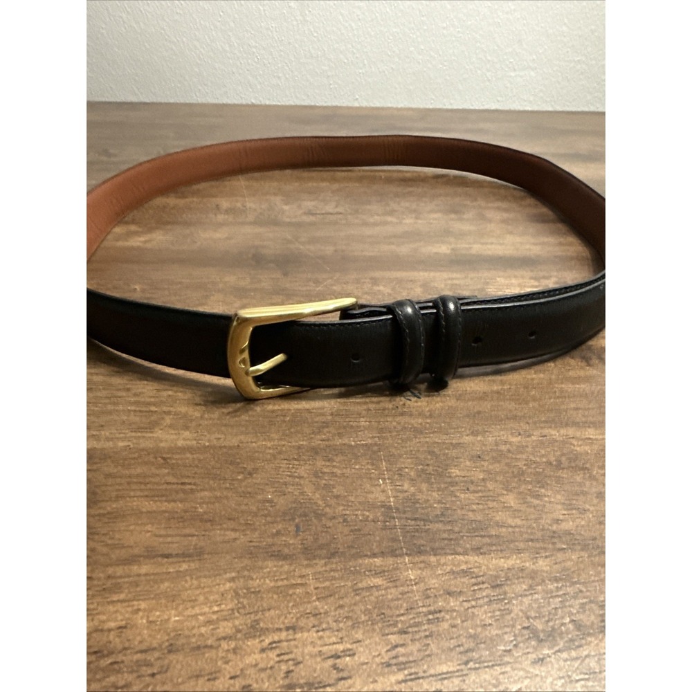 Lands End Black Leather Belt Men's Size 44 Gold Buckle